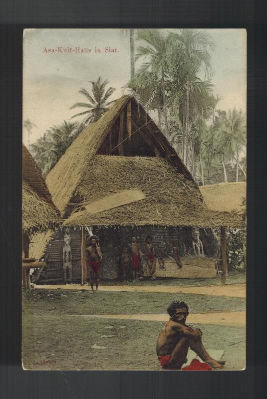 Mint New Guinea RPPC Postcard Asa Kult Haus in Siar with Natives