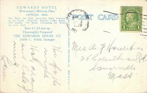 Edwards Hotel Jackson MS Old Cars Automobiles Thoroughly Fireproof 1925 Postcard