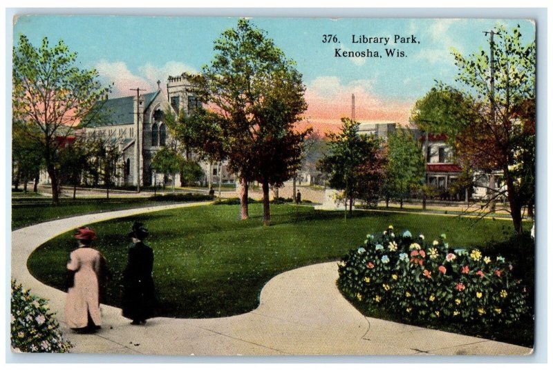 c1910's Library Park Woman Flower Beads Pathway Kenosha Wisconsin WI Postcard