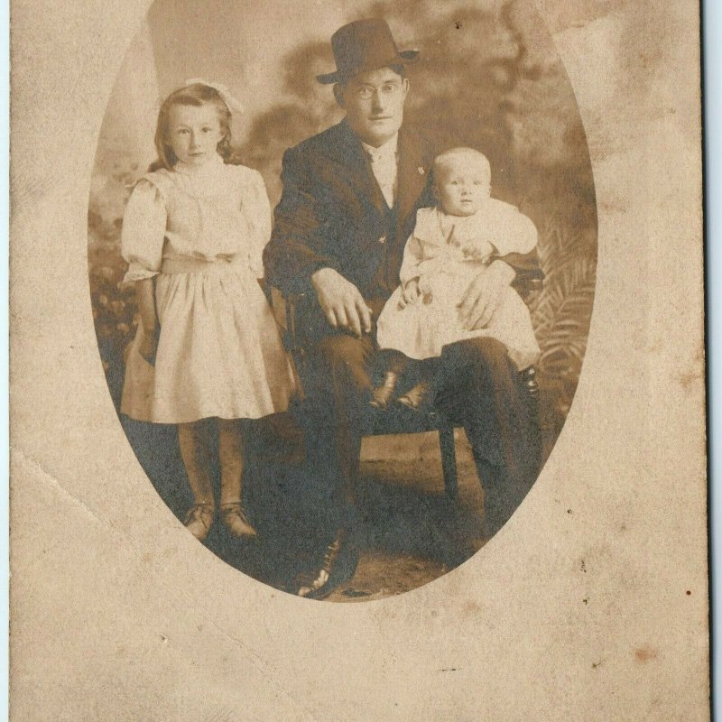 c1908 Man w/ Children RPPC Father Real Photo Postcard Cute Girl & Baby Boy A5