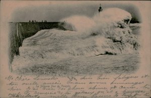 B576 France Le Havre lighthouse storm waves postcard 1904