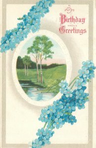 1913 Birthday Postcard  Forget Me Not Flowers, Tree Insert, Embosse Flag Cancel