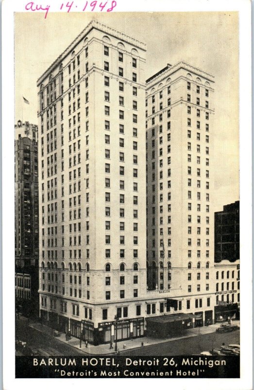 Barlum Hotel Detroit 26 Michigan Postcard