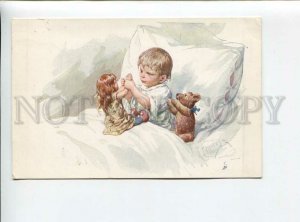 3175949 Little Boy w/ TEDDY BEAR DOLL by FEIERTAG Vintage PC