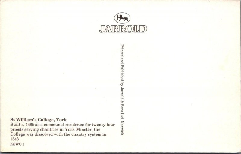 Yorkshire Postcard - York - St William's College RS31395