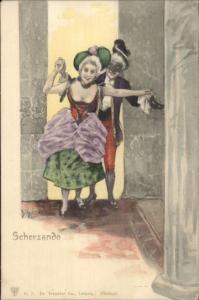 Couple at Costume Ball Masks SCHERZANDO c1900 Postcard