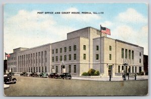 Peoria Illinois~Post Office & Court House Street View~PM 1952~Linen Postcard