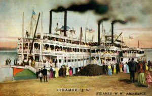 Vintage Postcard Steamer J.S. Steamer W.W. and Barge Steamships People G1