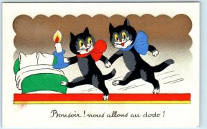 BLACK CATS French Postcard Bonsoir Nous allons au dodo Good Night We Go to Bed