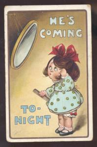 HE IS COMING TONIGHT CUTE GIRL IN MIRROR VINTAGE COMIC POSTCARED MORA MISSOURI