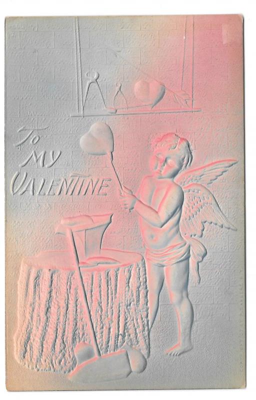 Valentine Cupid Forging a Heart on His Anvil Air Brushed Embossed Postcard 1908