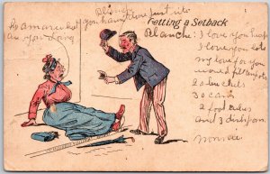 Woman Falls on Sidewalk with Man Standing Getting a Setback 1909 Postcard