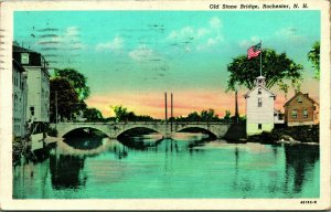 Old Stone Bridge Rochester New Hampshire NH Linen Postcard