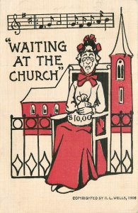 Postcard 1907 Arts Crafts old maid waiting at the church comic humor TP24-2957