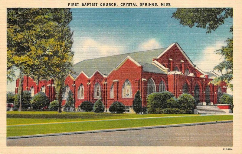 CRYSTAL SPRINGS, MS Mississippi  FIRST BAPTIST CHURCH Copiah Co c1940's Postcard