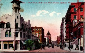 Postcard WA Spokane Post Street North from First Avenue Street View ~1910 H12