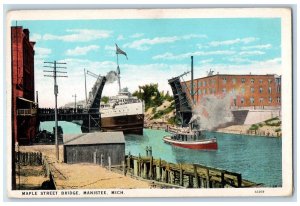 1928 Maple Street Bridge Steamer Ship Manistee Michigan MI Vintage Postcard
