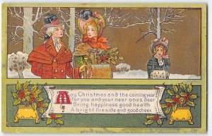 Christmas Greetings, Victorian Couple, Holly Berries 1915 Vintage Postcard