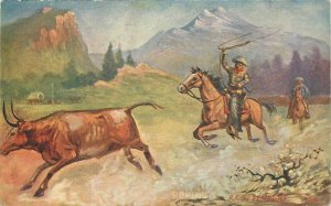 Postcard C-1910 Cowboy Western Roping cattle Davenport 23-12505