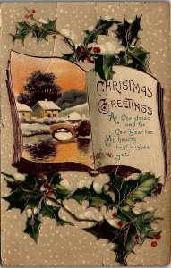 1912 CHRISTMAS GREETINGS COTTAGE SNOW SCENE HOLLY BERRIES POSTCARD 39-124