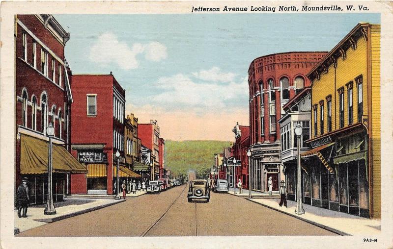 B25/ Moundsville West Virginia WV Postcard 1953 Jefferson Ave Stores Cars