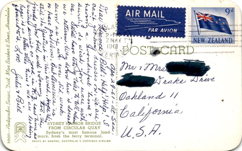 Vintage postcard from New Zealand, 1961, with personal message