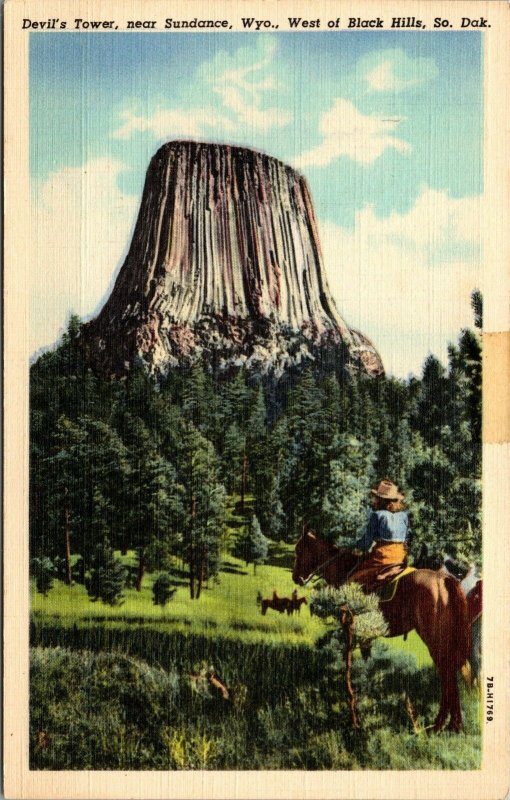 Vtg Devils Tower Woman Horse Back Black Hills Sundance WY Black Hills Postcard