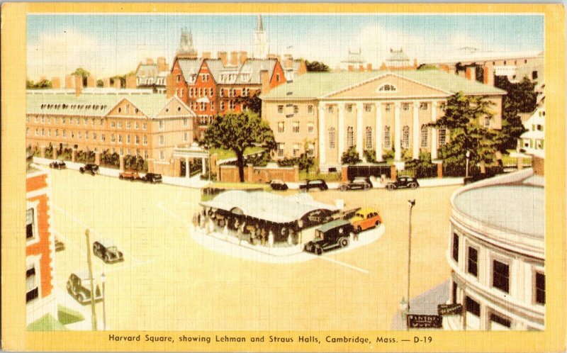 Harvard Square Lehman Straus Halls Cambridge Mass Vintage Linen Postcard 1c PM 