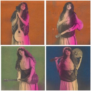 Lot of 4 postcards mandolin music instrument beauty lady portrait Romania c.1913