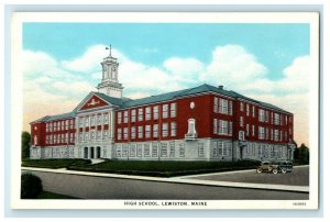 c1920's High School Building Cars Street View Lewiston Maine ME Vintage Postcard