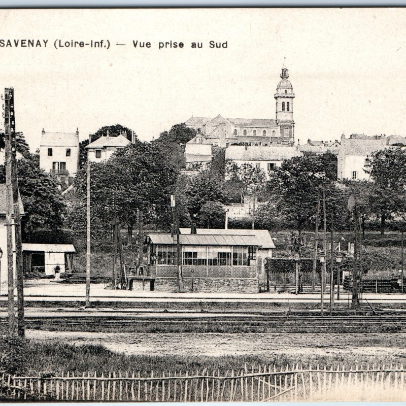 c1900s Savenay, France Railway Station Town View Church Tower Tracks Cuvier A359