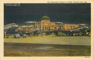 MO, Kansas City, Missouri, Municipal Airport, Night Scene, Curteich No. 2B-H1306