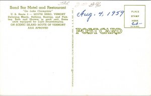 Sand Bar Motel & Restaurant Lake Champlain Hero Vermont Chrome WOB Postcard 