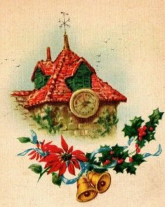 Vintage 1922 Christmas Postcard Clocktower Gold Bells Poinsettias Mistletoe