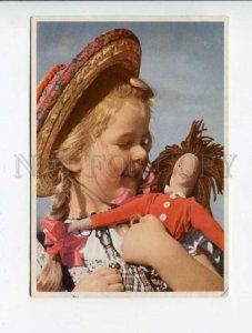 3042336 Charming GIRL playing w/ Funny DOLL old PHOTO color