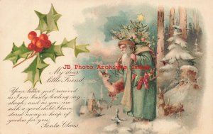 Christmas, United Art Pub No UAP01-4, Green Robe Santa Holds Tree, Deer, Rabbits