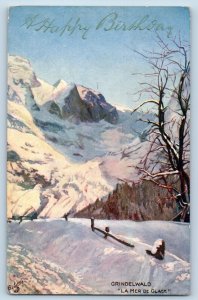 Birthday Postcard La Mer De Glace Winter Scene Oilette Tuck c1910's Antique