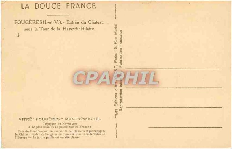 Old Postcard Fougeres (Ille et Vilaine) La Douce France Entree du Chateau in ...