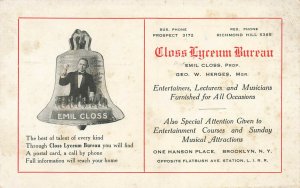 Brooklyn NY Emil Closs Lyceum Bureau Entertainers Musicians Postcard