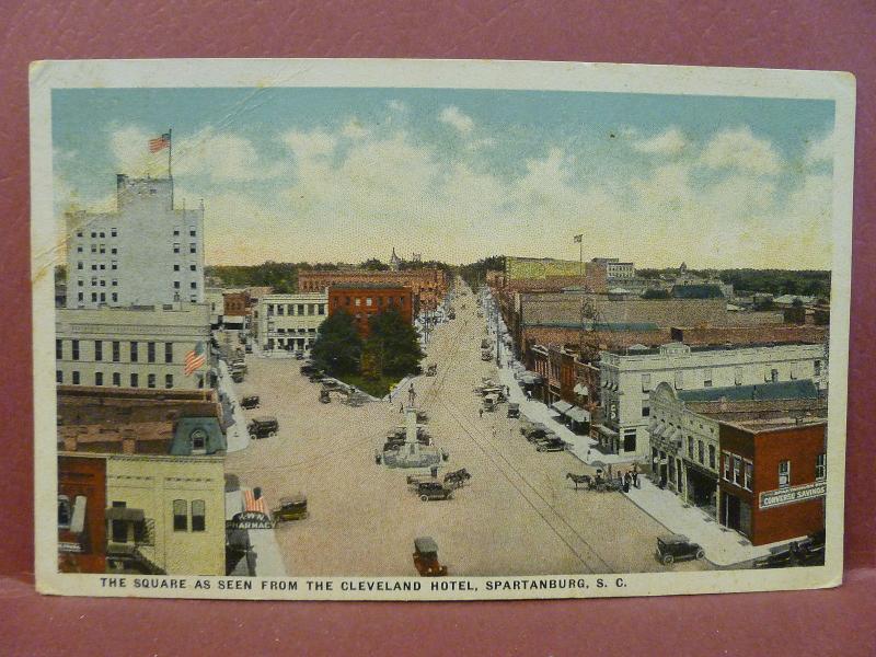 Old Postcard SC Spantanburg View of the Square from the Cleveland Hotel