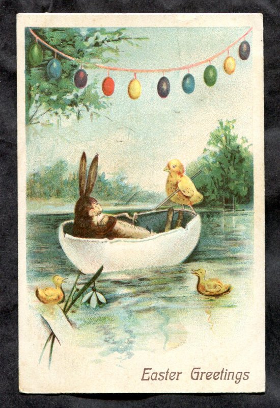 dc171 - EASTER GREETINGS 1908 Bunny & Chicks Egg Shell Boating