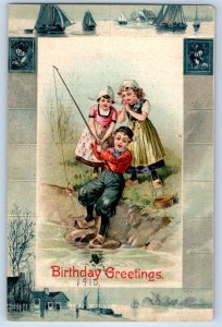 1910 Birthday Greetings Dutch Children Cached Fish Embossed Antique Postcard