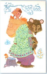 RUSSIAN Folk Tale Illustration MASHA and THE BEAR  1968  Folk Art Postcard