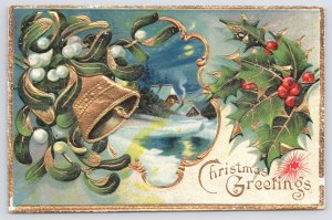 Holiday~Christmas Greetings~Gold Bell~Winter Night~Holly~Saxony PM 1910 Postcard