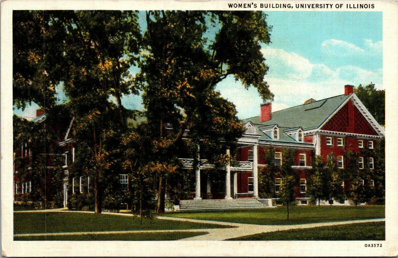 Vtg 1930's Women's Building University of Illinois Champaign IL Linen Postcard