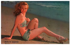 Young Marilyn Monroe Blue Stripped Swimsuit Sitting Beach Postcard The Charmer