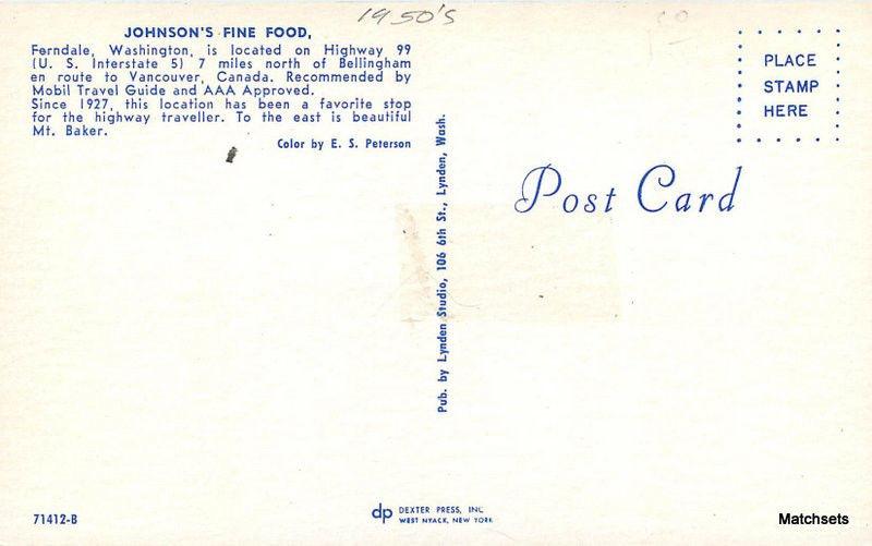 1950's FERNDALE WASHINGTON Johnsons Fine Foods Lynden Studio postcard 9914