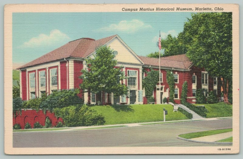 Marietta Ohio~Campus Martius Historical Museum~U.S. Flag~1940s Linen Postcard