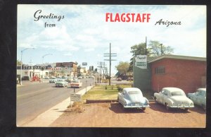 GREETINGS FROM FLAGSTAFF ARIZONA STREET SCENE ROUTE 66 OLD CARS POSTCARD