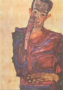 Art signed Postcard Egon Schiele 1910 Self portrait drawing